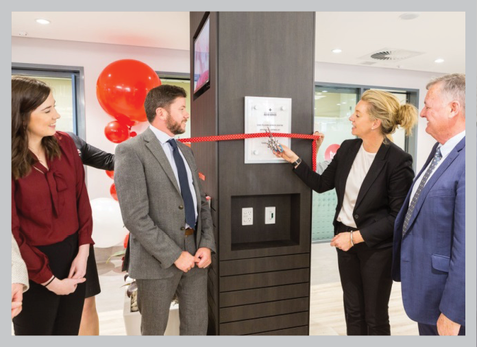 a photo of Ms Hayley Teasdale, a Canberra neuroscientist and regular recipient of plasma based products, Mr Stuart Chesneau, Executive Director of the Blood Service's Innovation and Commercial Strategy Division, Senator, the Hon Bridget McKenzie cutting the ribbon with the NBA's Chief Executive, Mr John Cahill