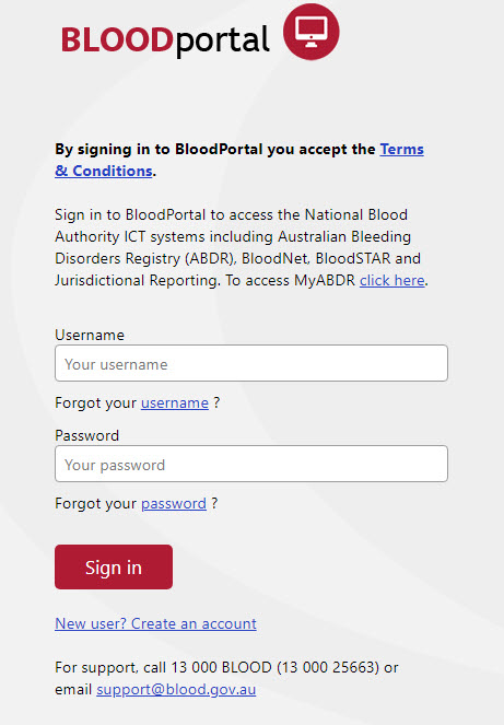 Screen capture of the log in page of BLOODportal as an example of what to expect when logging in. Image also acts as a link to the portal. 
