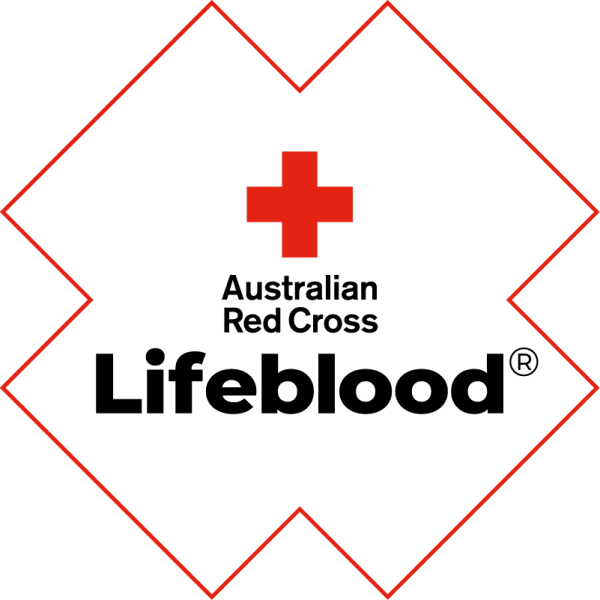 Australian Red Cross Lifeblood logo featuring a red cross above the words “Australian Red Cross” and bold black text “Lifeblood,” centered within a white background outlined by a red geometric border.